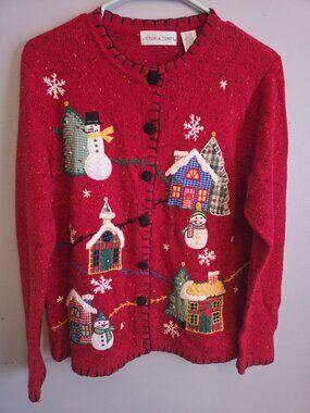 Vintage Victoria Jones Red Ugly Christmas Sweater Cardigan Wool  Blend Medium